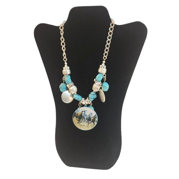 Western Silver & Turquoise Colored Necklace With Horse Pendant & Beads Western C - Picture 1 of 6